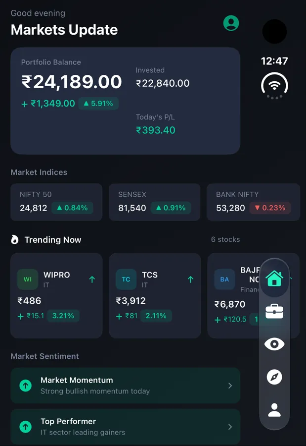 Trading app home screen on iPhone Duo while folded, showing portfolio balance and trending stocks