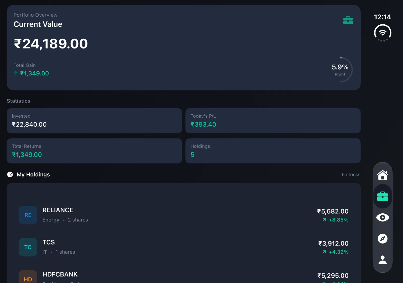 Portfolio screen on a half-folded iPhone Duo showing current value, statistics and holdings
