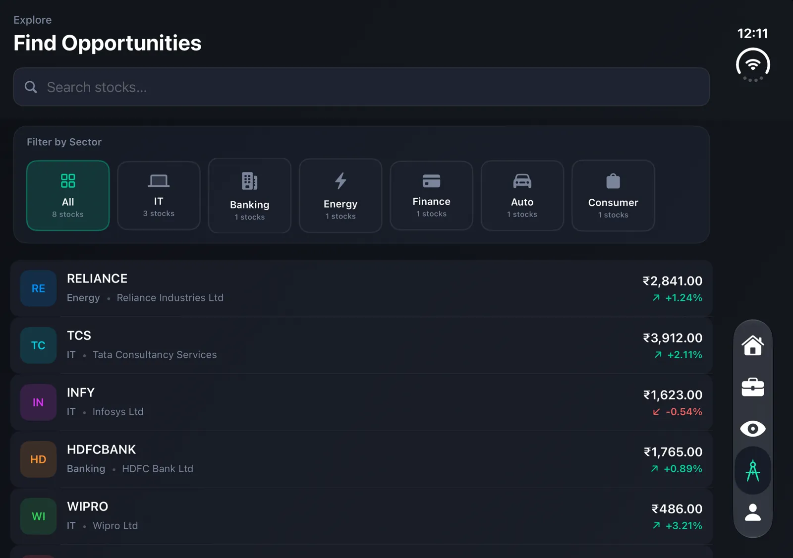 Explore screen unfolded, with all seven sector filters visible and full company names